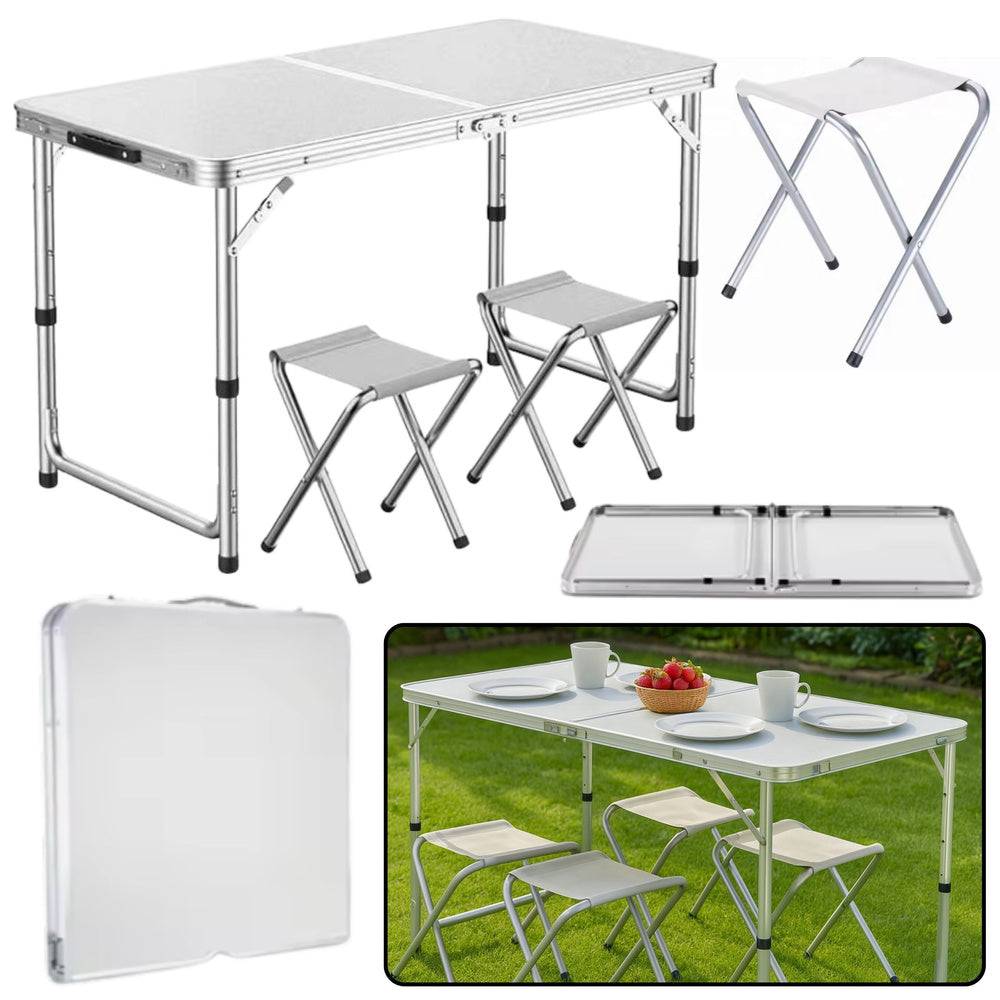 LEAN The – Travel Set: Folding Camping Table with 4 Chairs, Gray