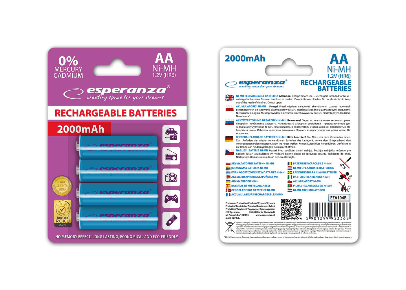Esperanza EZA104B Esperanza Ni-MH AA Rechargeable Batteries, 2000 mAh, 4-Pack, Blue – image 2