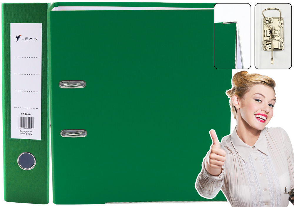LEAN Binders, folders, covers – A4/75mm Document Binder with Lever-Action Mechanism, Green – image 3