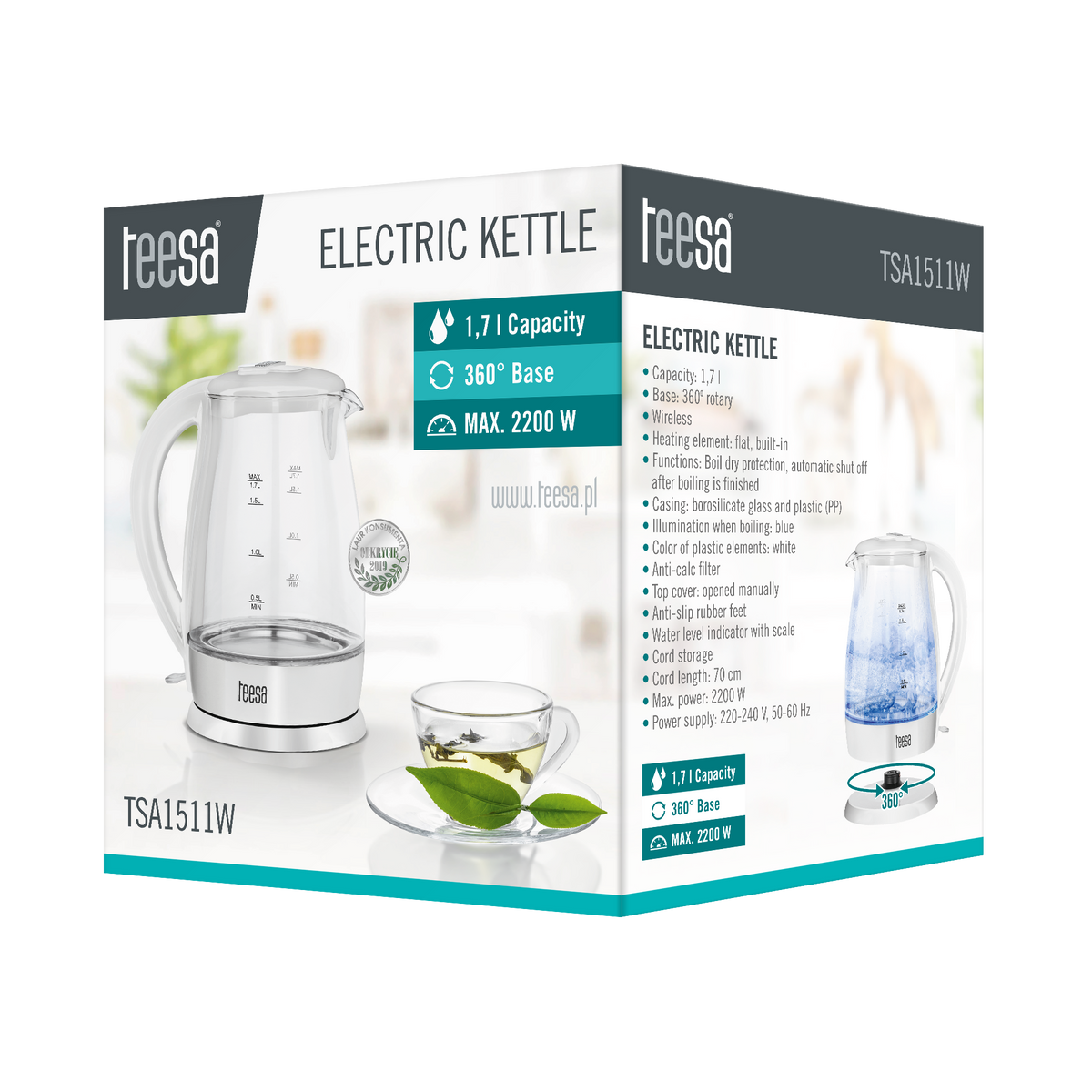 Teesa Electric – TEESA Electric Kettle, Glass, 2200 W, White, 1.7 L – image 5