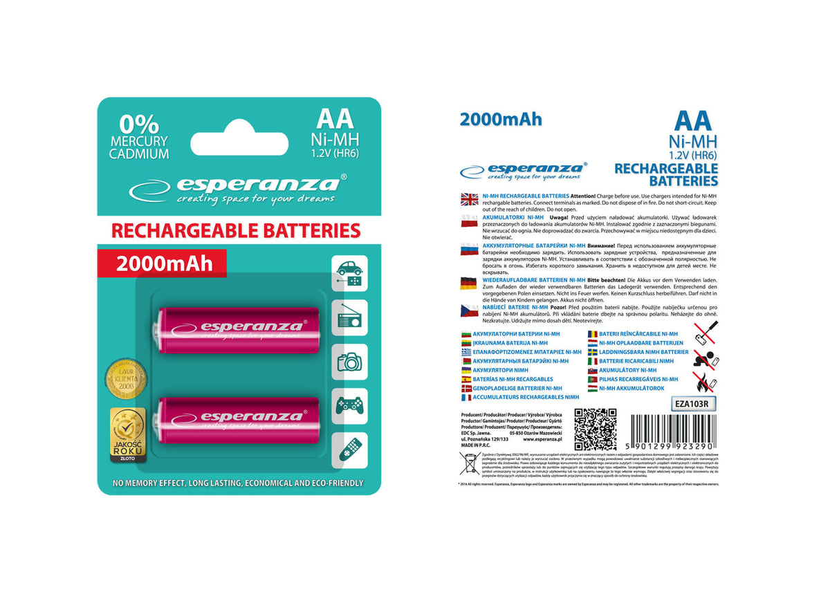 Esperanza EZA103R Esperanza Ni-MH AA Rechargeable Batteries, 2000 mAh, 2-Pack, Red – image 2