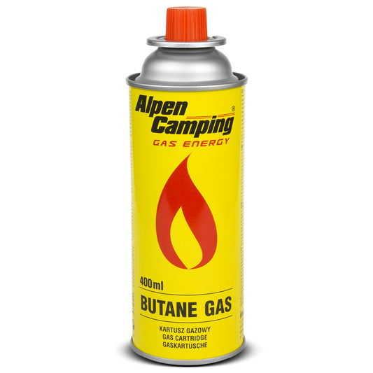 INKO-TIME 400ml Alpen Camping gas cartridge. certificate: Pi 0875, compliant with EN417, isobutane, operating range -10°C to + 40°C, IK1004
