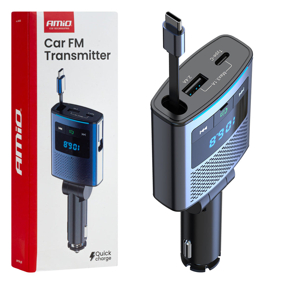 AMiO Transmitters – Car FM Transmitter, 1×USB-A, 1×USB-C, 12V/24V, AMIO-04656