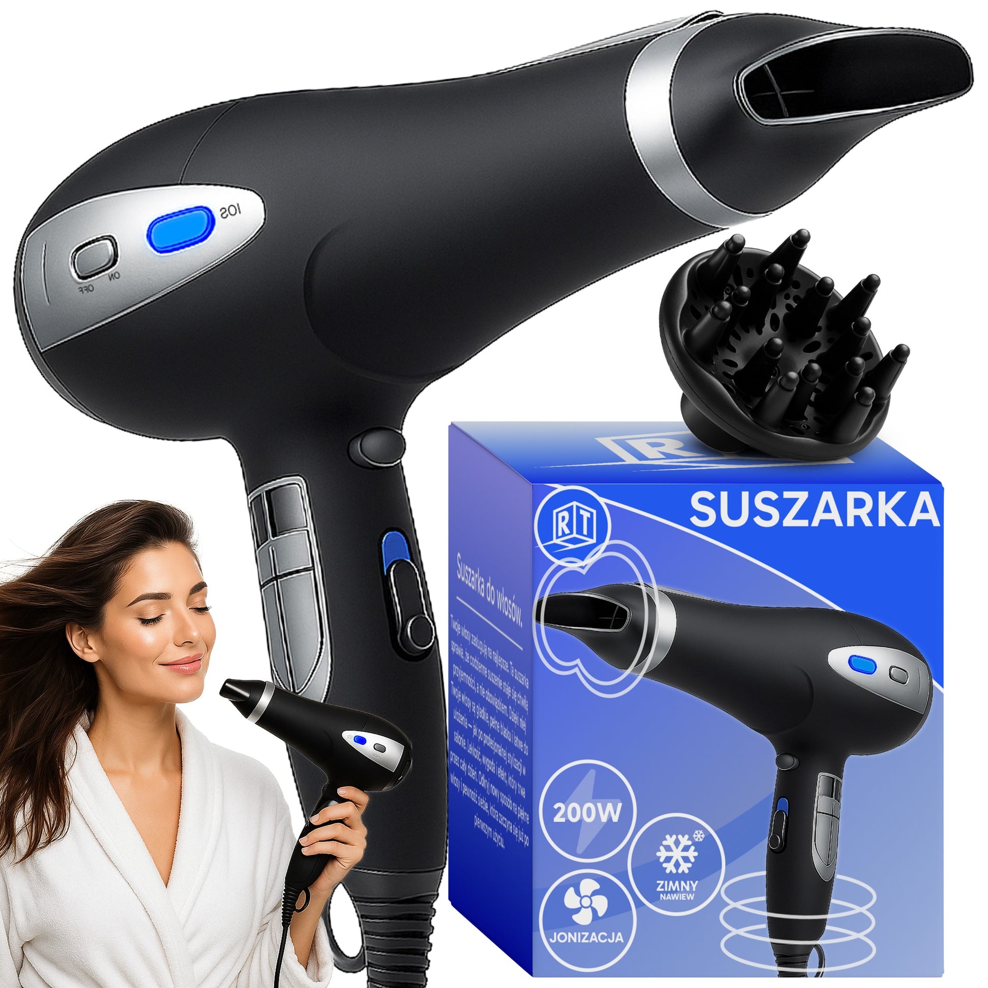 RTO 5-in-1 Hair Dryer, 2000 W, Ionization, Diffuser, Concentrator, Cool Air Setting