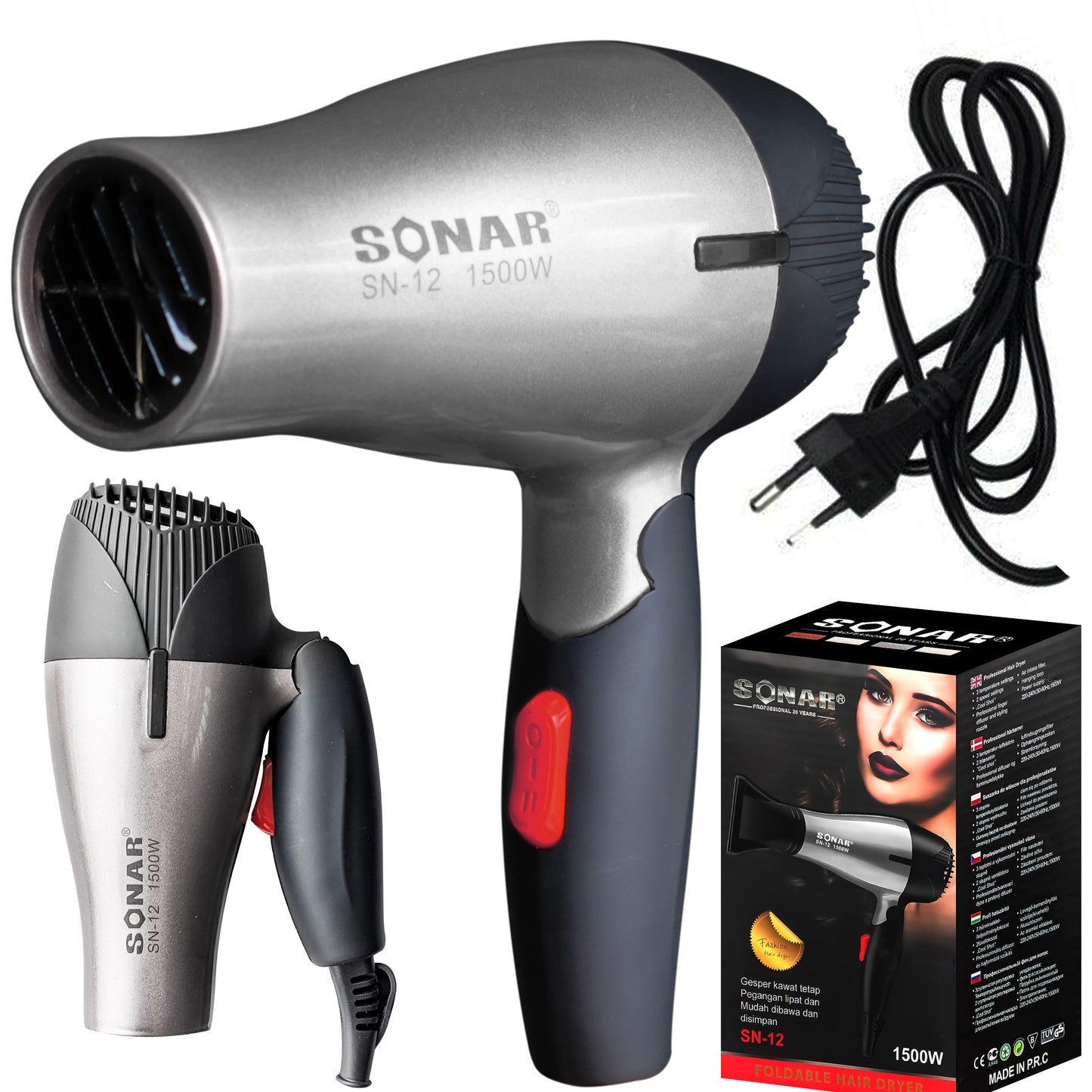 RTO Folding Travel Hair Dryer with Concentrator, 1500 W, High-Powered -u159-1