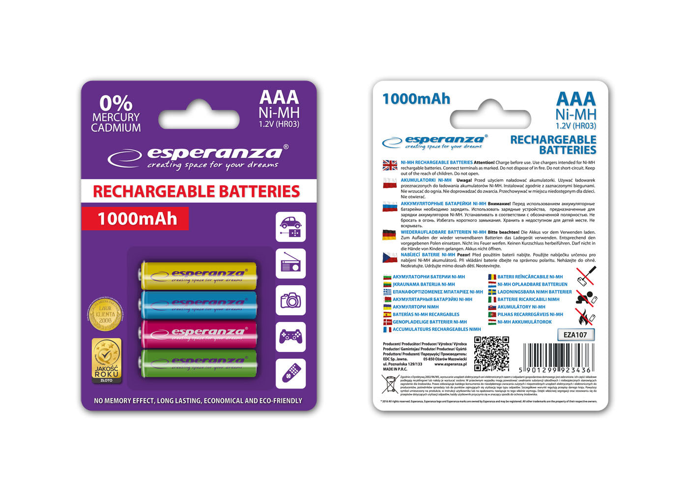 Esperanza EZA107 Esperanza Rechargeable Ni-MH AAA Batteries, 1000 mAh, 4-Pack, Assorted Colors – image 2