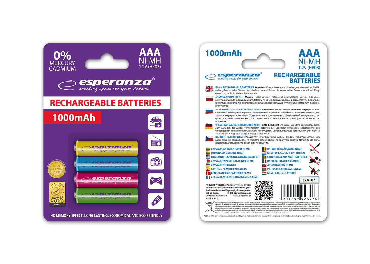 Esperanza EZA107 Esperanza Rechargeable Ni-MH AAA Batteries, 1000 mAh, 4-Pack, Assorted Colors – image 2