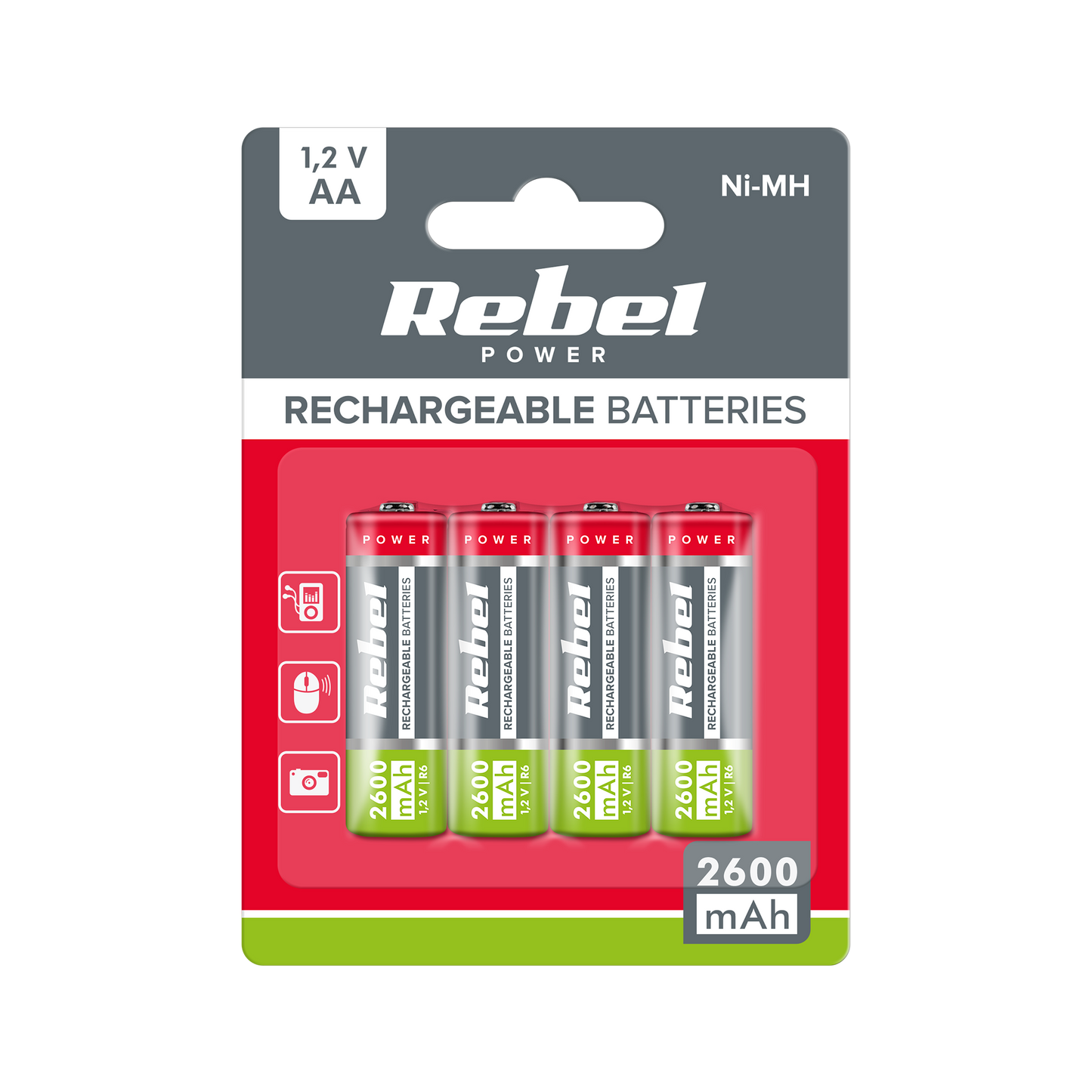Rebel REBEL AA Rechargeable Batteries, 2600 mAh, Ni-MH, 1.2V, 4 per pack, R6