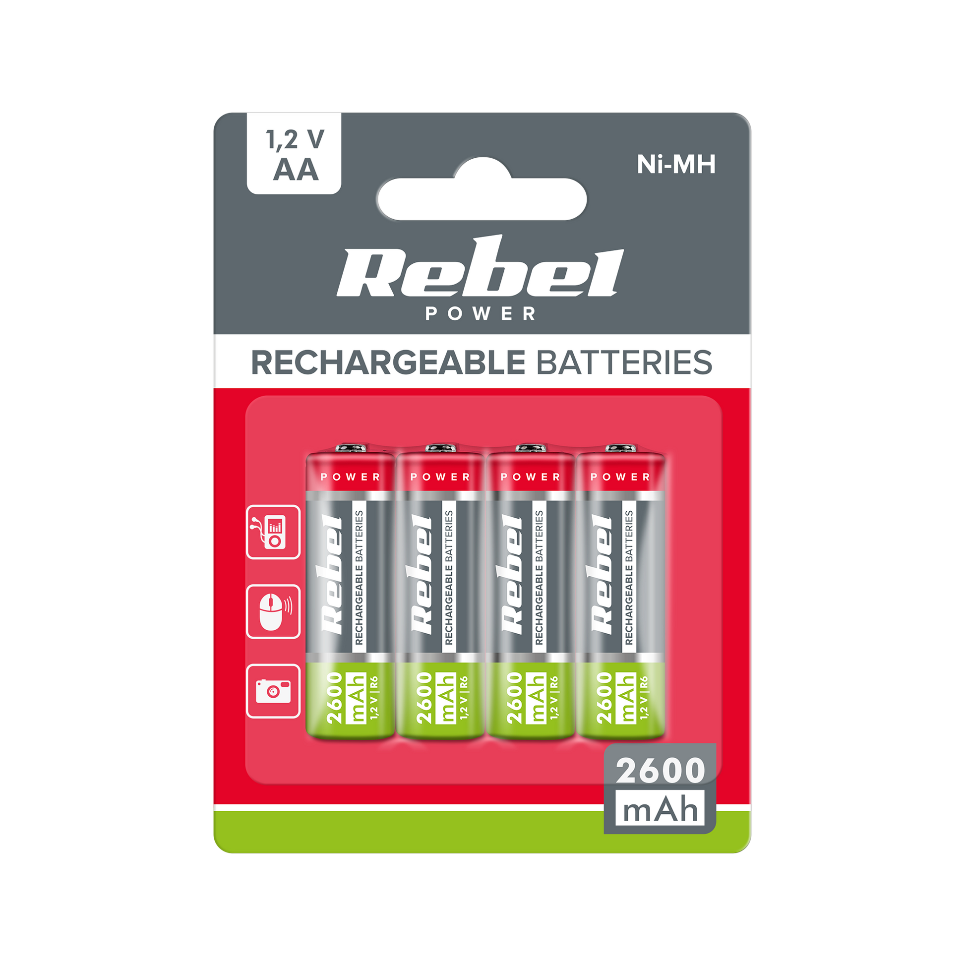 Rebel REBEL AA Rechargeable Batteries, 2600 mAh, Ni-MH, 1.2V, 4 per pack, R6