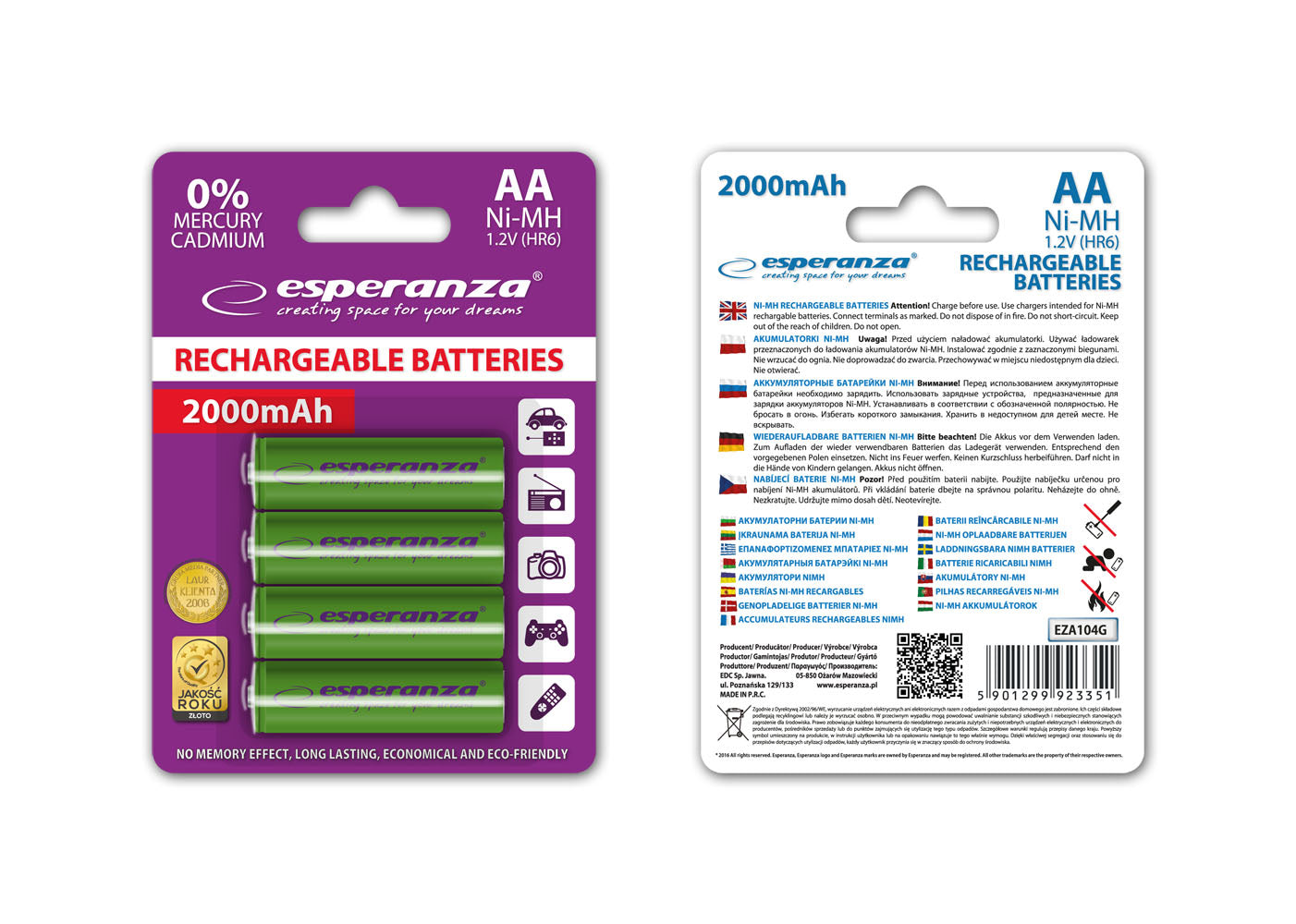 Esperanza EZA104G Esperanza Ni-MH AA Rechargeable Batteries, 2000 mAh, 4-Pack, Green – image 4