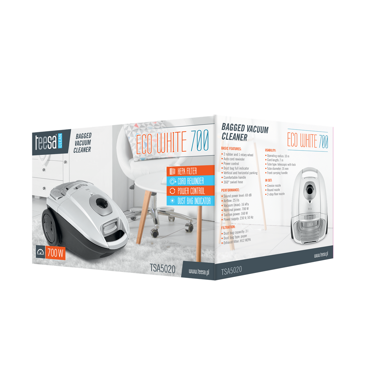 Teesa Vacuum Cleaners – ECO WHITE 700 Bagged Vacuum Cleaner – image 7