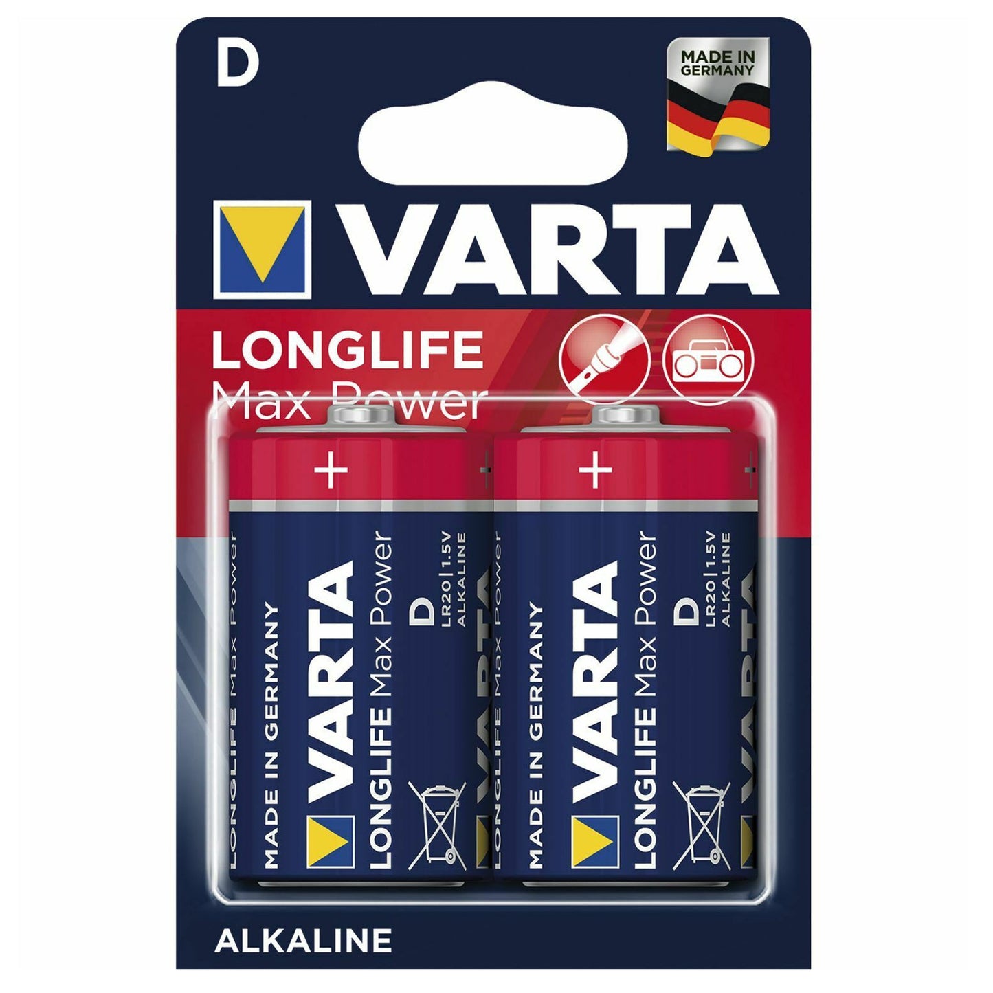 Varta 2 R-20 R20 D 1.5V Varta Longlife Max Power alkaline batteries