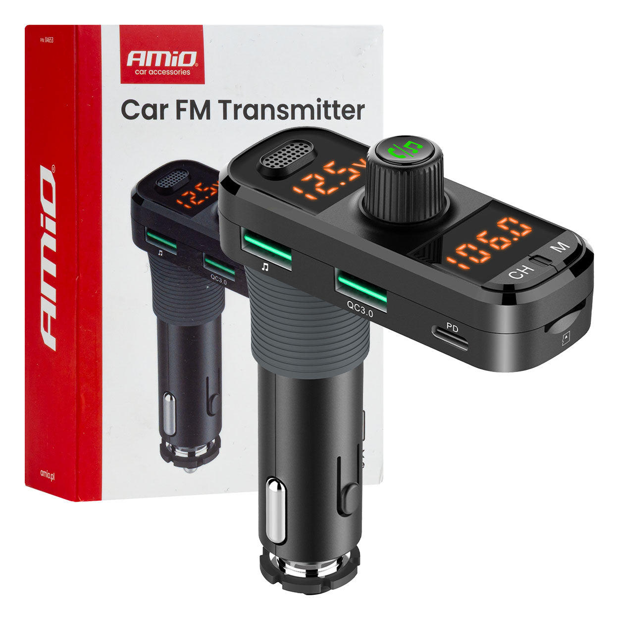 AMiO Car FM Transmitter with 2×USB-A, 1×USB-C, and microSD, 12V/24V, AMIO-04653