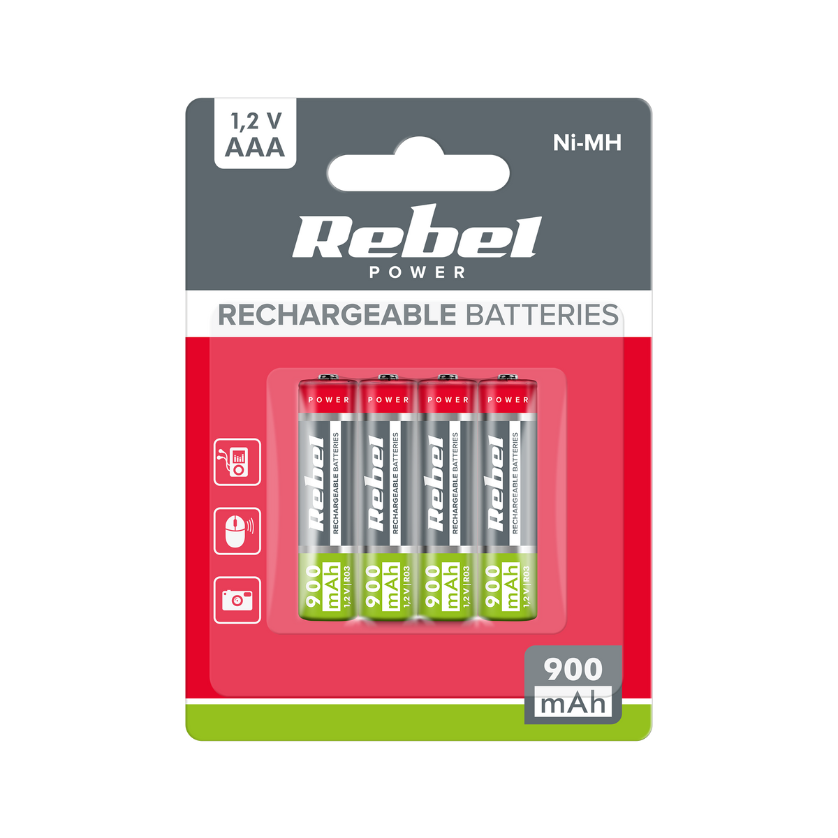 Rebel REBEL AAA Rechargeable Batteries, 900 mAh, Ni-MH, 1.2V, 4 per pack, R3