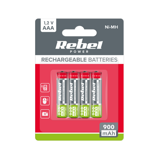 Rebel REBEL AAA Rechargeable Batteries, 900 mAh, Ni-MH, 1.2V, 4 per pack, R3