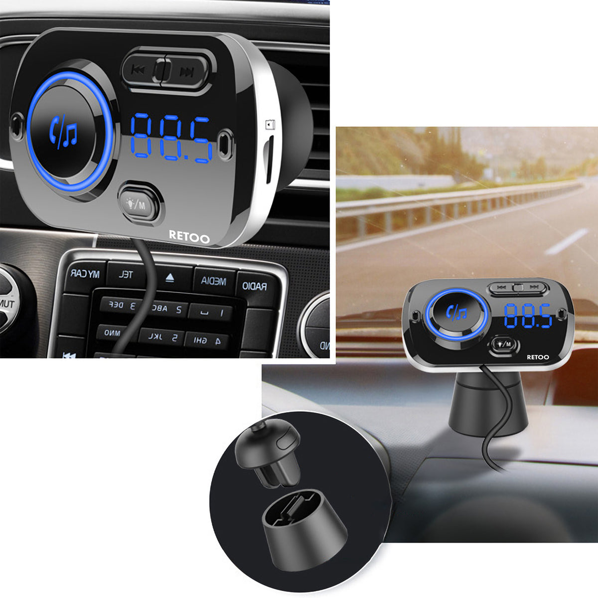 RTO Car Bluetooth FM Transmitter with 2x USB-C Fast Chargers, AUX, and Hands-Free Calling - E663 – image 3