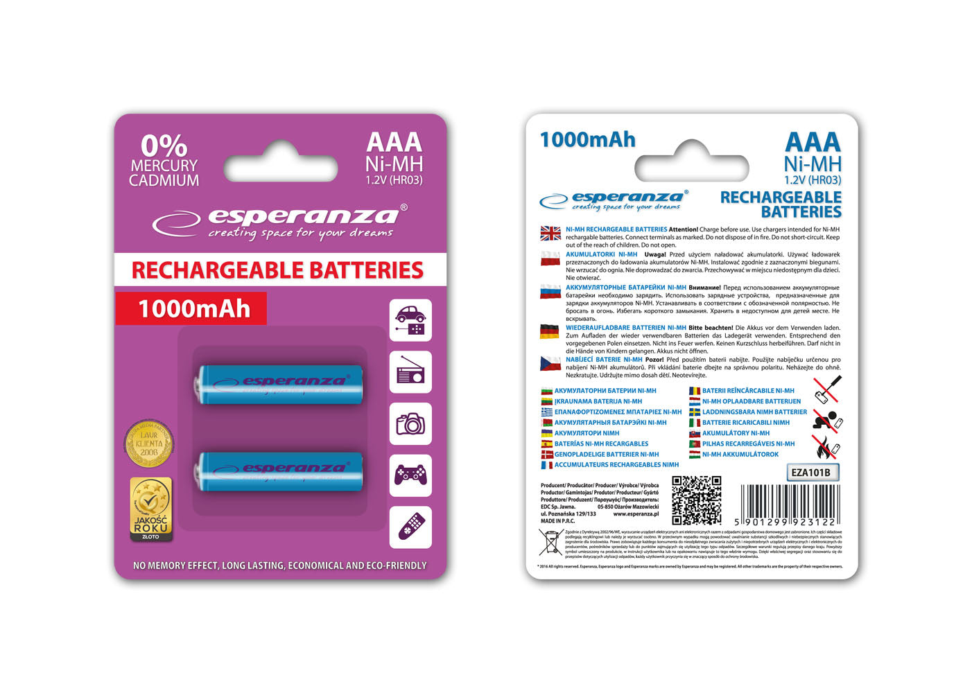 Esperanza EZA101B Esperanza Ni-MH AAA Rechargeable Batteries, 1000 mAh, 2-Pack, Blue – image 2