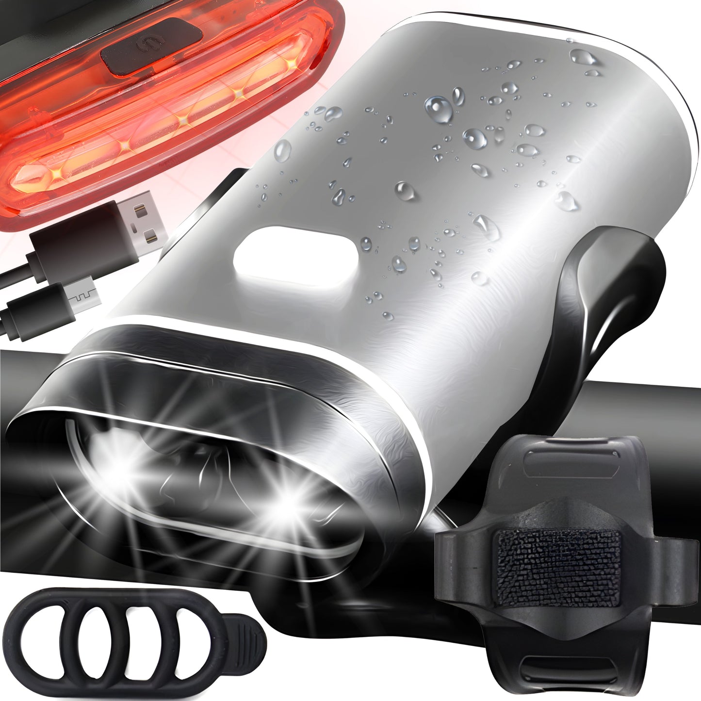 RTO LED Bike Light (Front and Rear) for Handlebars—Powerful, USB-Charged, Bright, Model S093